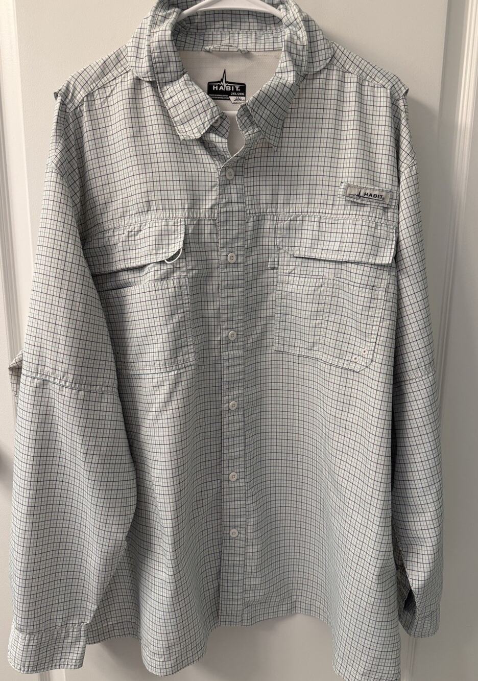 Habit Vented Fishing Shirt Men’s 2XL White Green Check Button Front Long Sleeve